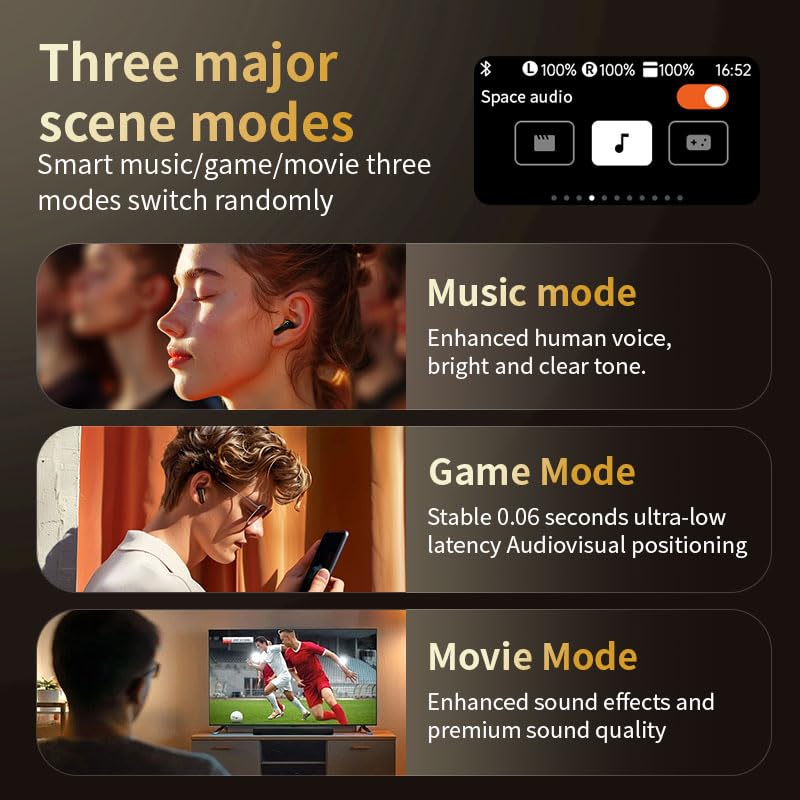 Premium Wireless Earbuds with LCD Touch Screen - Bluetooth 5.4 TWS Noise Cancelling Headphones with Built-in Mic, Hi-Fi Stereo Sound & Wireless Charging Case - Touch Control Earphones for iPhone/Android (Black) - Perfect for Workouts, Commuting & Office Use