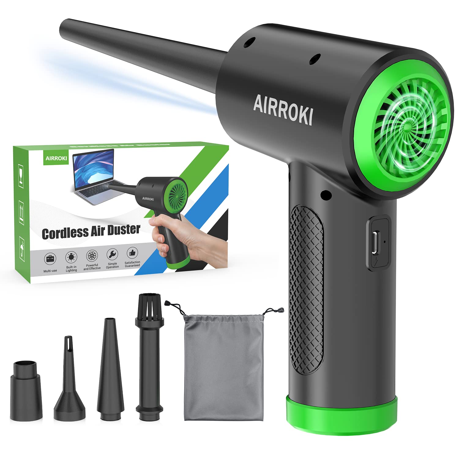 AIRROKI Electric Air Duster for Computers - 51000RPM Cordless Keyboard Cleaner, 6000mAh Reusable Compressed Air Duster for PC, Laptop, Electronics - Perfect for Dusting Keyboards, Cleaning Electronics & Replacing Canned Air