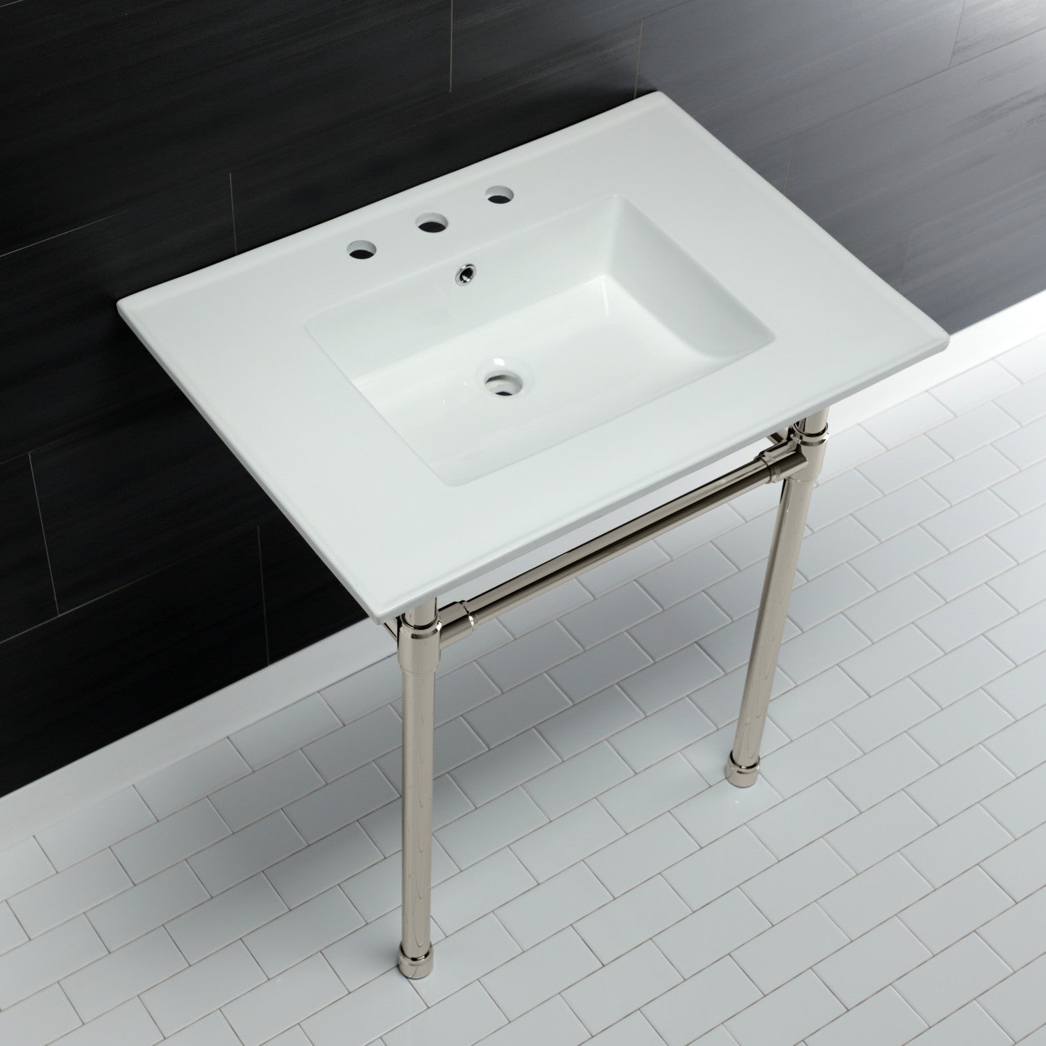 Dreyfuss 31 Inch White Ceramic Farmhouse Bathroom Sink with Stainless Steel Legs - 8 Inch, 3 Hole Faucet Mount - Perfect for Modern Farmhouse, Rustic & Vintage Style Bathrooms