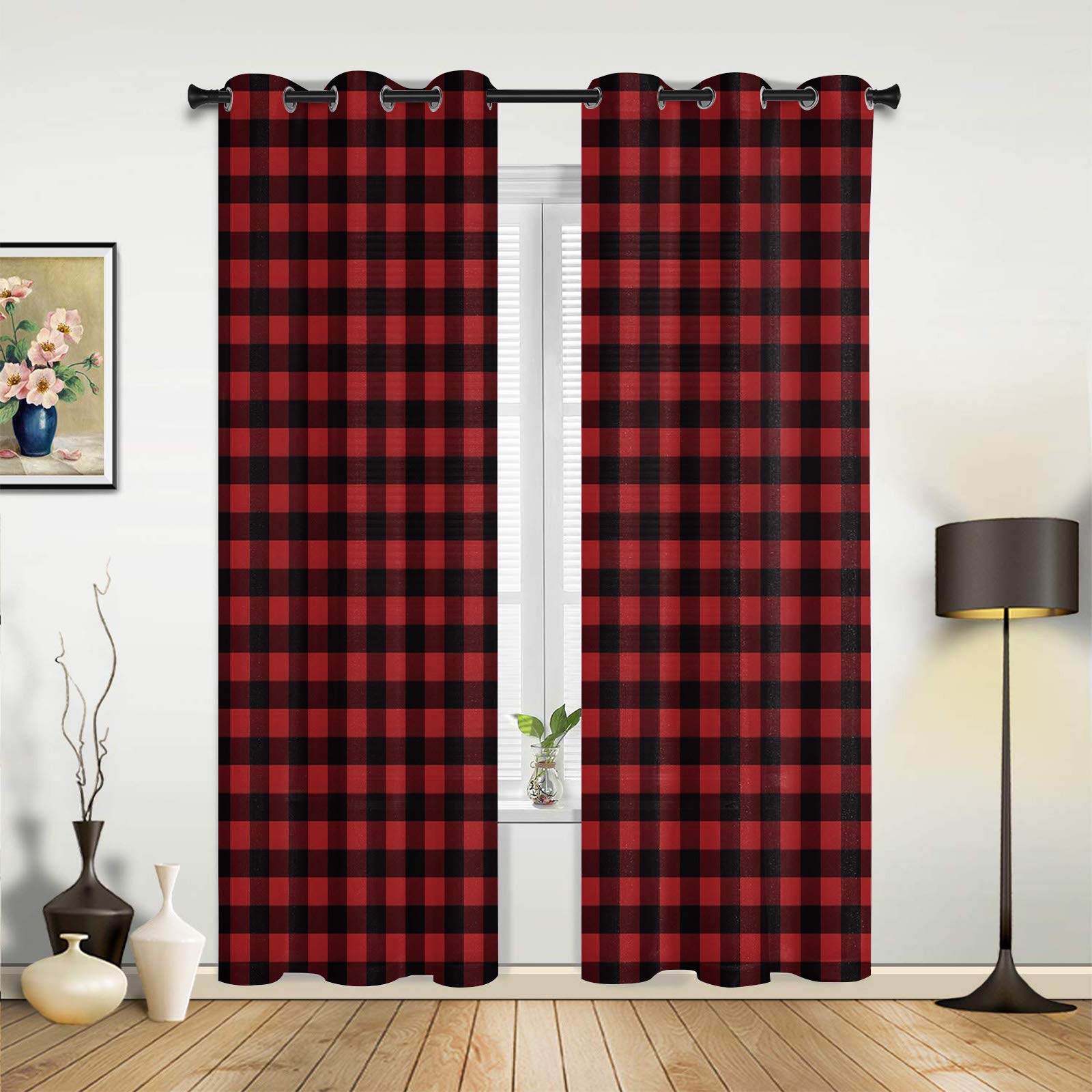 Red and Black Buffalo Check Plaid Window Curtains - 52x84 Inch, 2 Panels Set for Living Room, Dining Room & Bedroom | Thermal Insulated Blackout Drapes for Privacy & Light Control