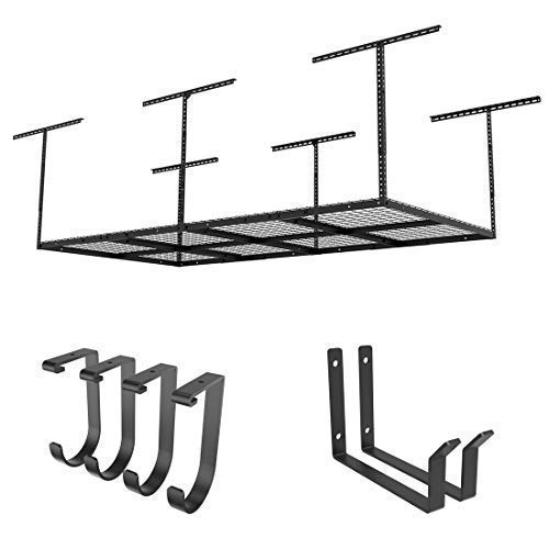 FLEXIMOUNTS 2-Piece Overhead Garage Storage Rack Set with Hooks - Adjustable Ceiling Storage Racks, 96