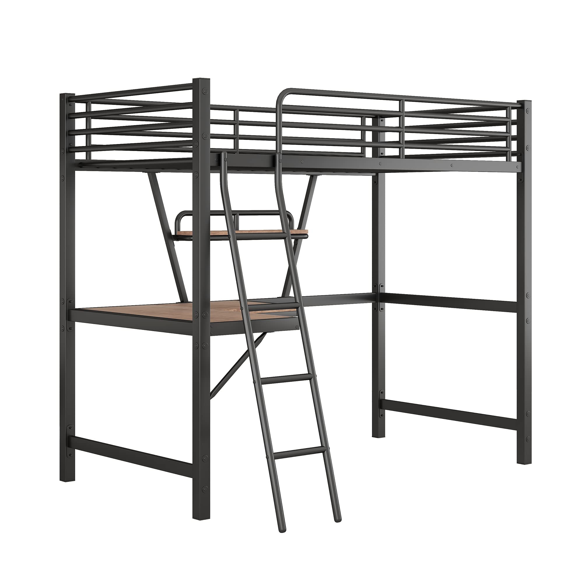 KLMM Modern Twin Size Loft Metal & MDF Bed with Built-in Desk and Shelves - Space Saving Study Bed for Teens & Adults - Perfect for Small Bedrooms, Dorm Rooms & Studio Apartments (Black)