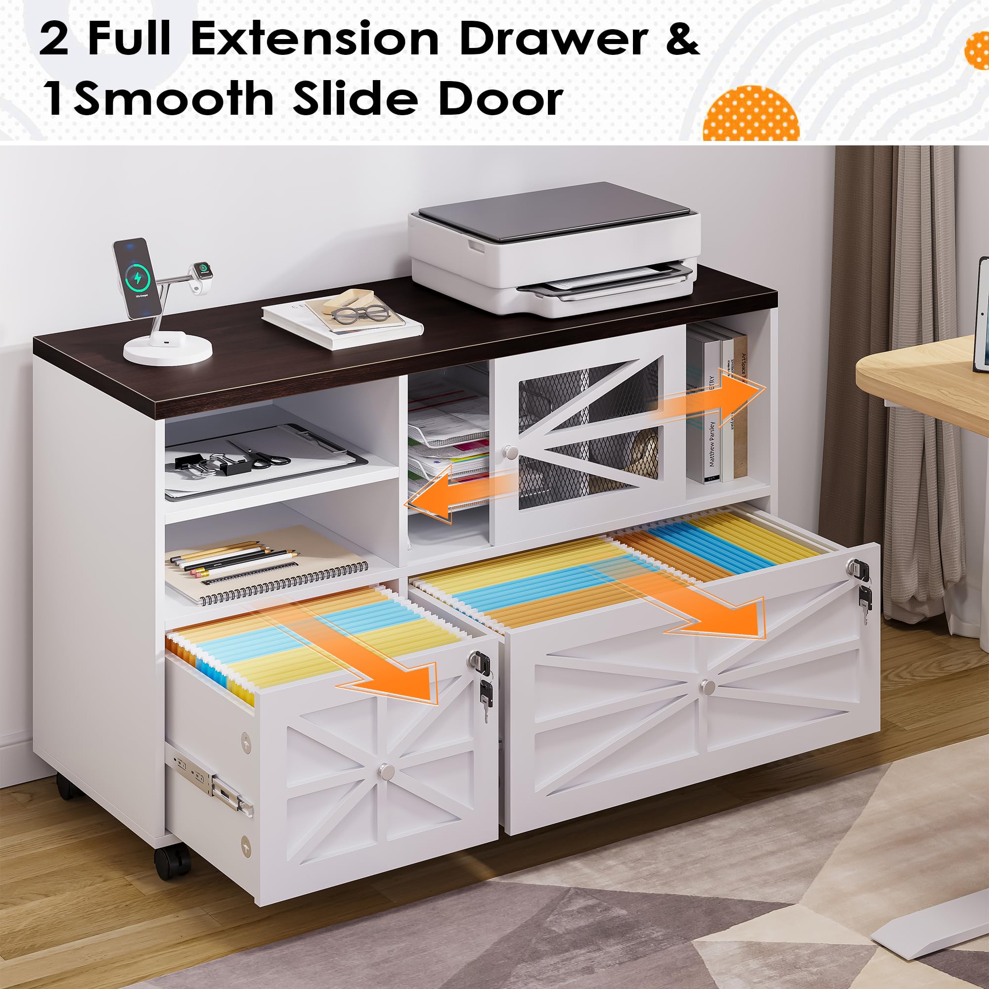 2-Drawer Locking File Cabinet with Wheels - Adjustable Shelf for Letter, Legal, F4 & A4 Files - Home Office Storage Solution for Documents & Supplies (White & Brown) - Perfect for Small Spaces & Shared Workspaces