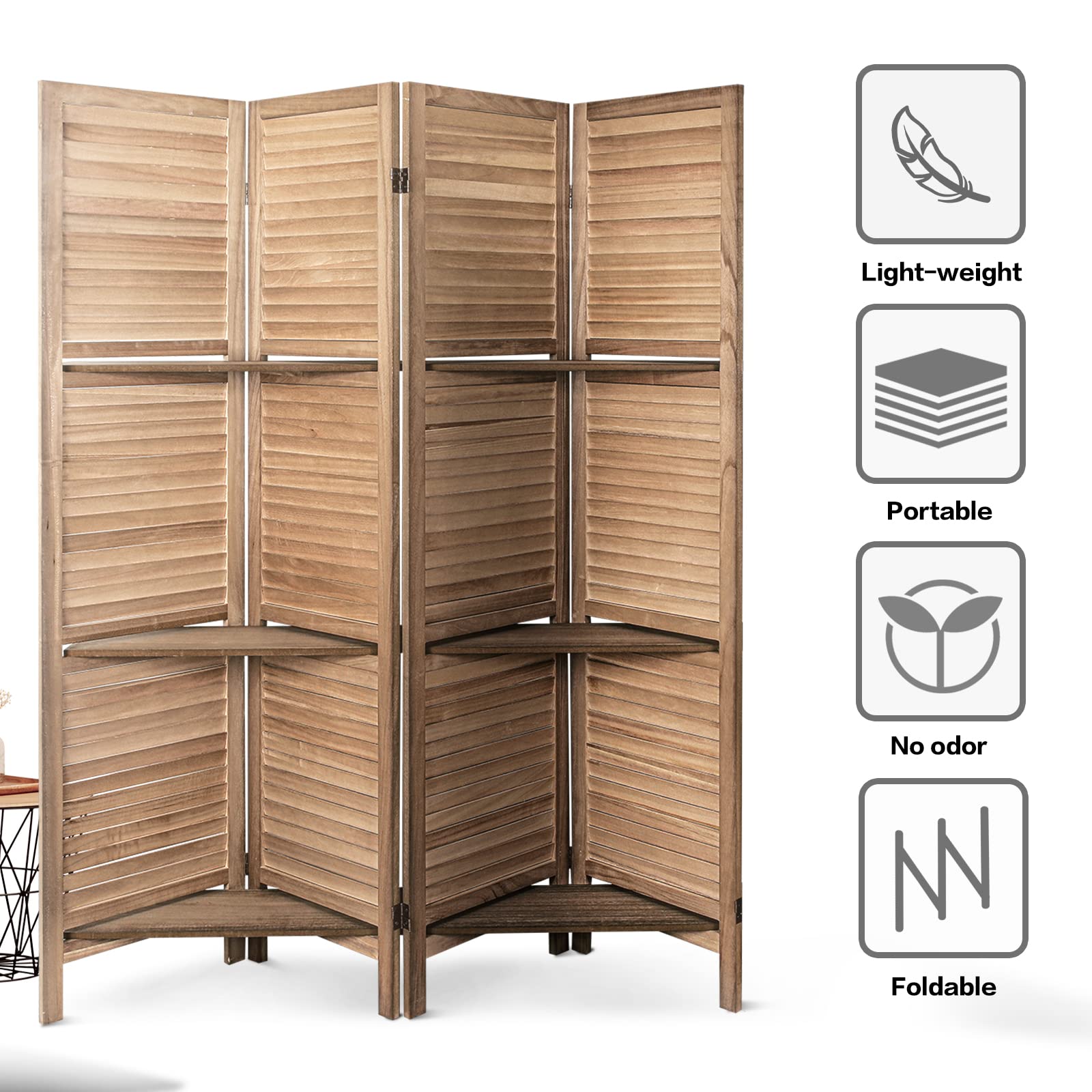 ECOMEX 4 Panel Wood Room Divider Screen - Freestanding Folding Privacy Partition with Shelves for Home & Office (Brown) | Perfect for Living Room, Bedroom, Studio Space Separation & Decoration