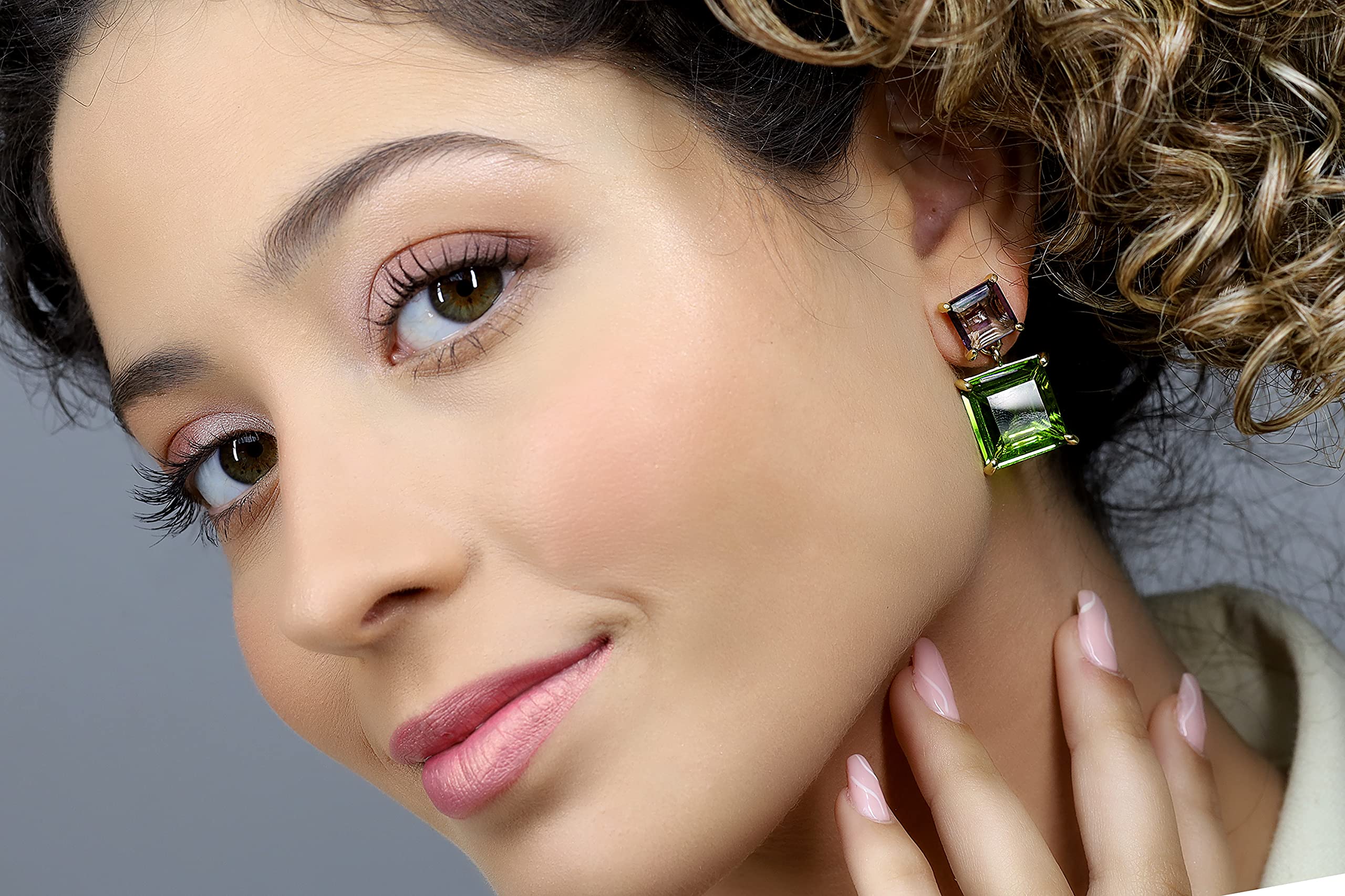 Peridot and Amethyst Birthstone Dangle Earrings for Women - 14K Gold Filled Square Multi-Stone Jewelry | Perfect for Birthdays, Anniversaries & Special Occasions