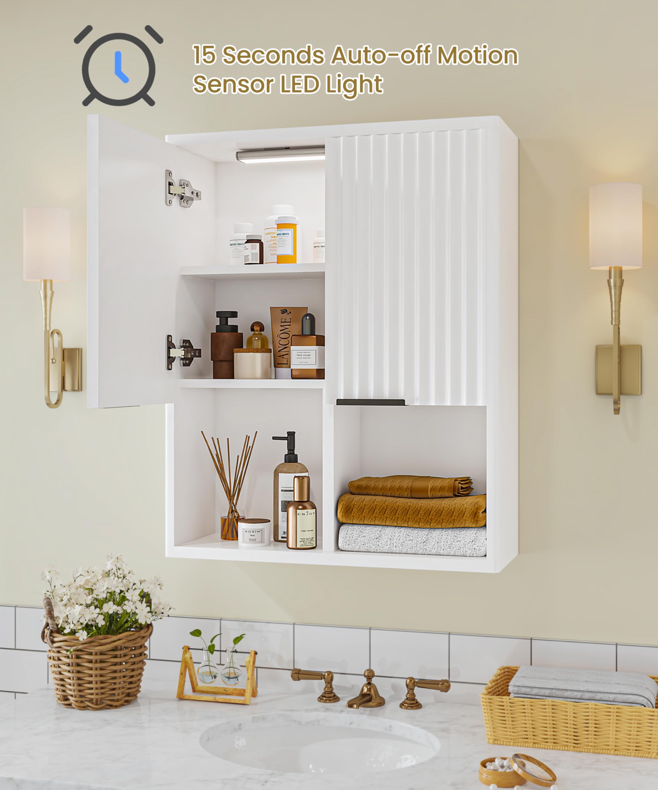 HAIOOU Modern White Fluted Bathroom Wall Cabinet with Motion Sensor Light - Wooden Medicine Storage Cabinet with Buffering Hinges, Over Toilet Organizer for Bathroom, Bedroom & Vanity Decor