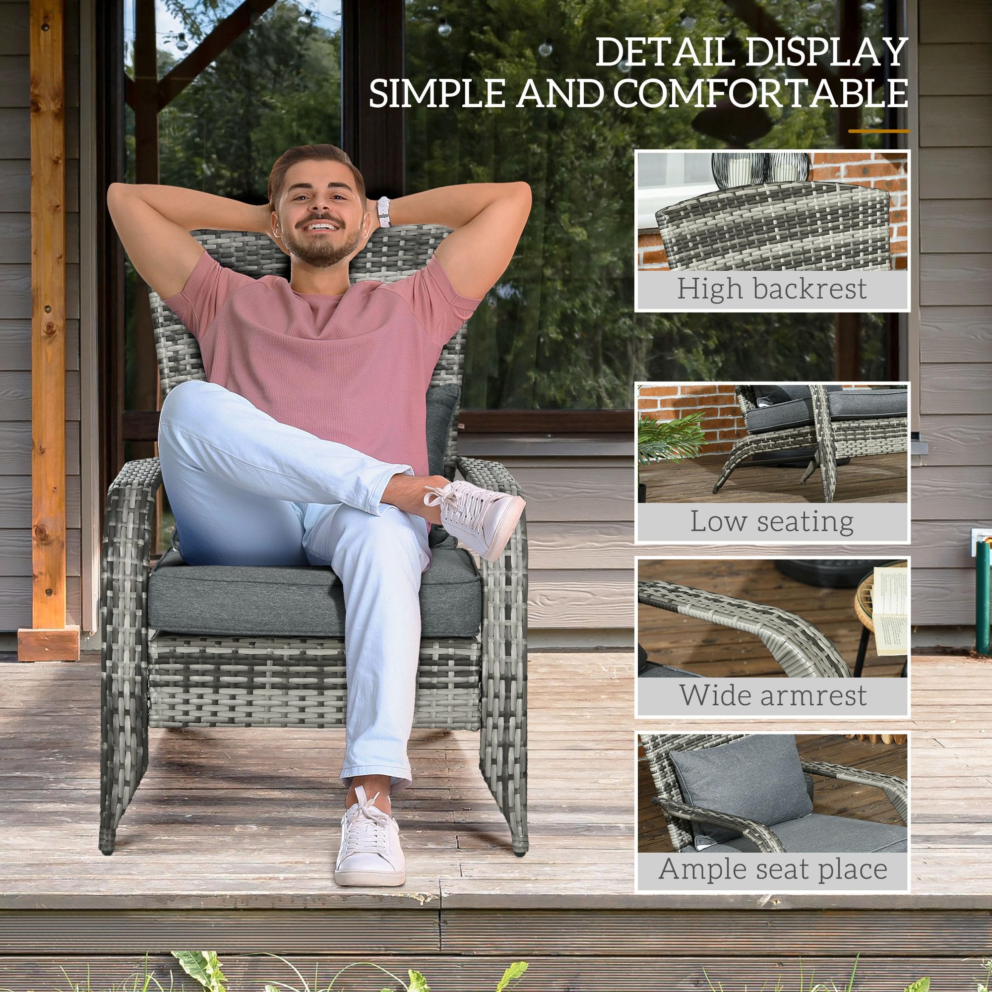 Outsunny Patio Wicker Adirondack Chair - All-Weather Outdoor Rattan Fire Pit Chair with Soft Cushions, Tall Curved Backrest & Comfortable Armrests - Perfect for Deck, Garden, Backyard or Poolside Relaxation (Gray)