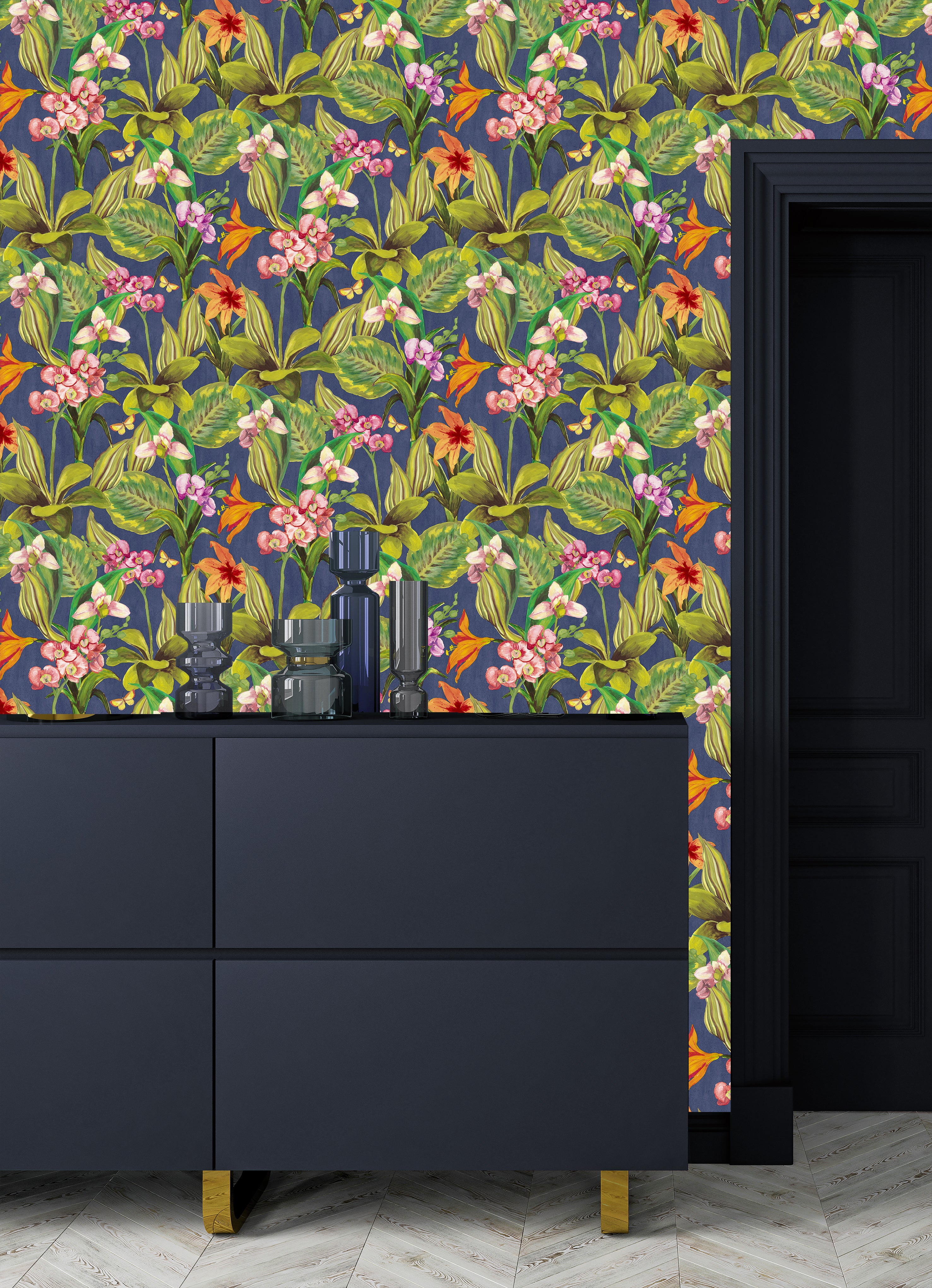 Blue & Pink Hand Painted Orchids Floral Wallpaper R8140 - Elegant Botanical Peel and Stick Wallpaper for Bedroom, Living Room & Nursery Decor