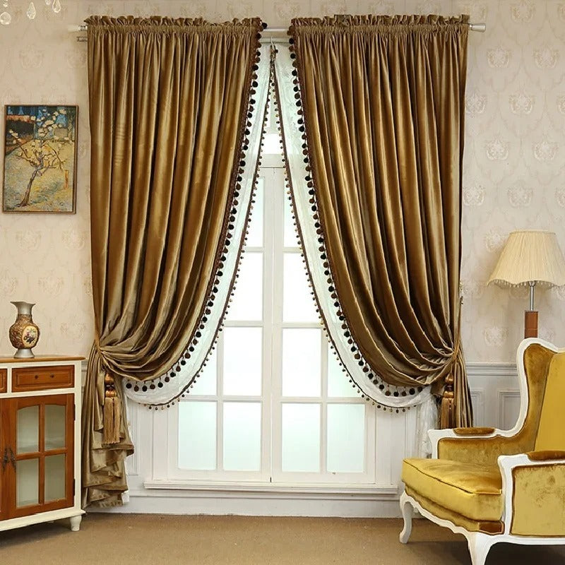 Luxury Italian Velvet Curtains - Golden Brown Blackout Drapes for Living Room & Bedroom - Thermal Insulated Window Treatments for Home Decor