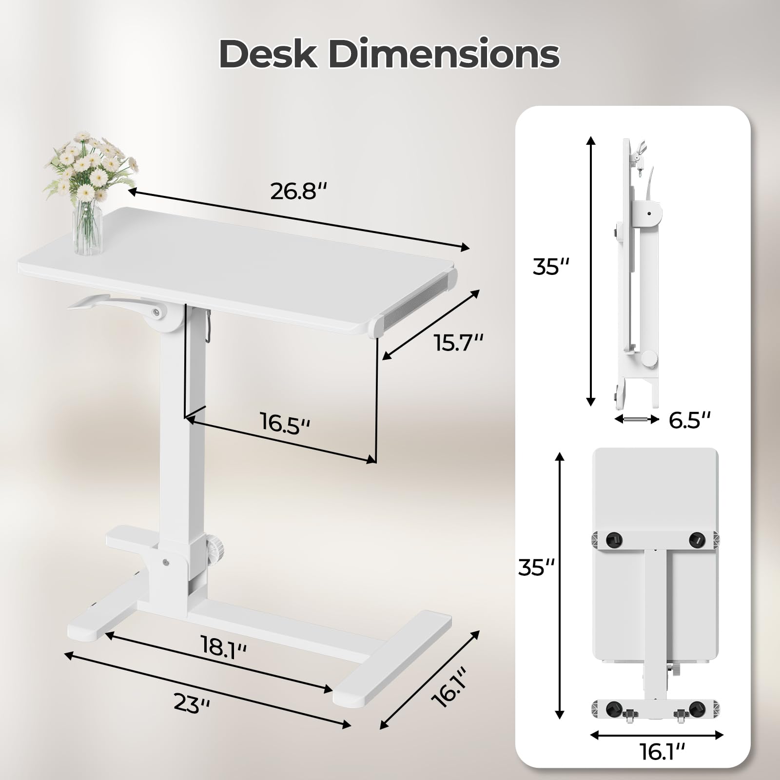 Foldable Mobile Standing Desk - 27 Inch Adjustable Height Rolling Laptop Cart with 90° Tiltable Tabletop, No Assembly Needed Portable Computer Workstation (White) - Perfect for Home Office, Bedroom Study & Small Space Working