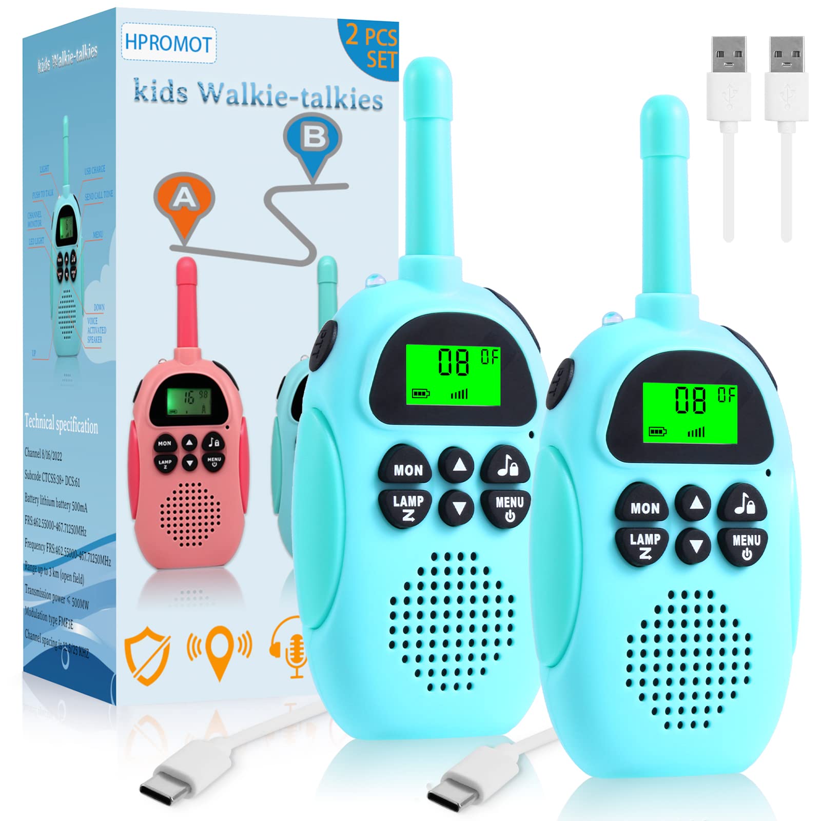 Kids Walkie Talkies 2 Pack - Rechargeable Long Range 22-Channel Two-Way Radios for Boys & Girls Ages 3-12 | Perfect for Outdoor Adventures, Camping, and Backyard Play