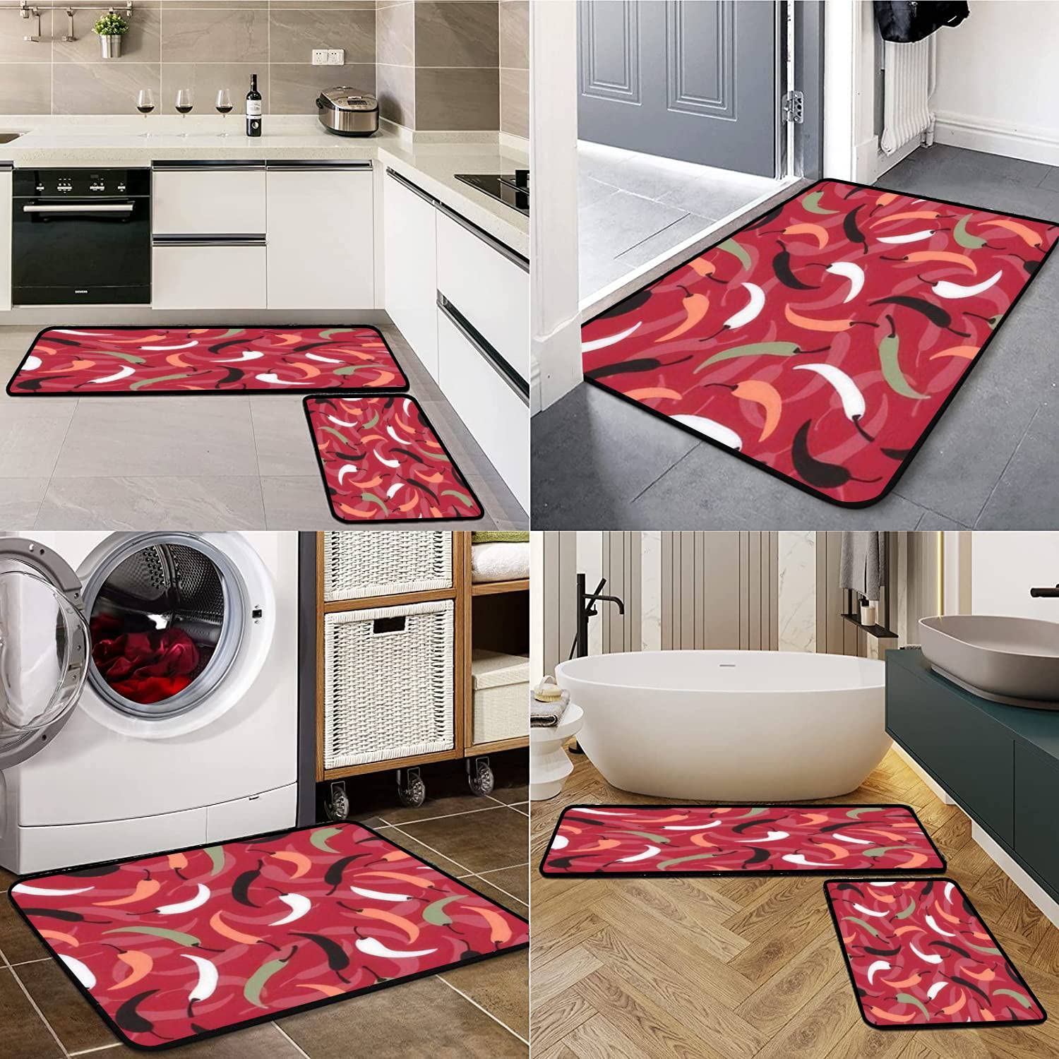 Non-Slip Kitchen Rug Set - Red Chili Print Washable Floor Mat for Cooking & Decor