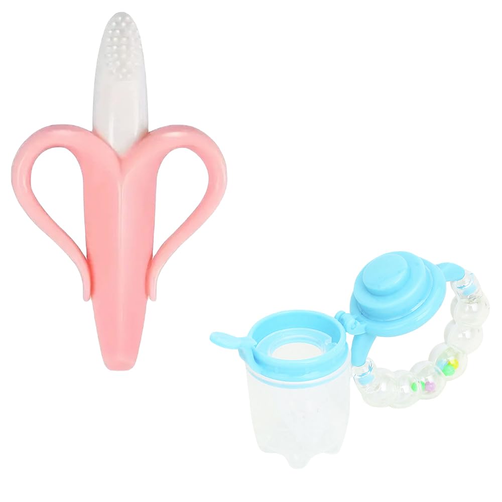 Kritiu Banana Shape Baby Brush & Rattle Nibbler Set - Soft Silicone Teething Toy for Infants | BPA-Free, Non-Toxic & Easy to Clean | Perfect for Soothing Sore Gums & Early Oral Care (Peach & White) | Ideal for On-the-Go, Playtime & Bedtime Comfort