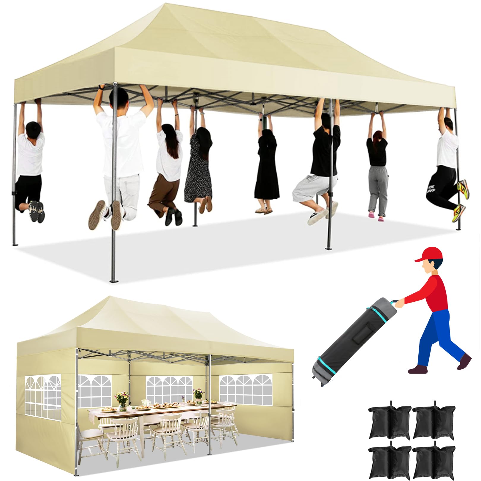 COBIZI 10x20 Heavy Duty Pop Up Canopy Tent with 6 Sidewalls - UPF 50+ Waterproof All-Weather Commercial Gazebo for Outdoor Events, Weddings & Parties - Includes Roller Carry Bag (Khaki) - Perfect for Backyard BBQs, Farmers Markets & Beach Gatherings