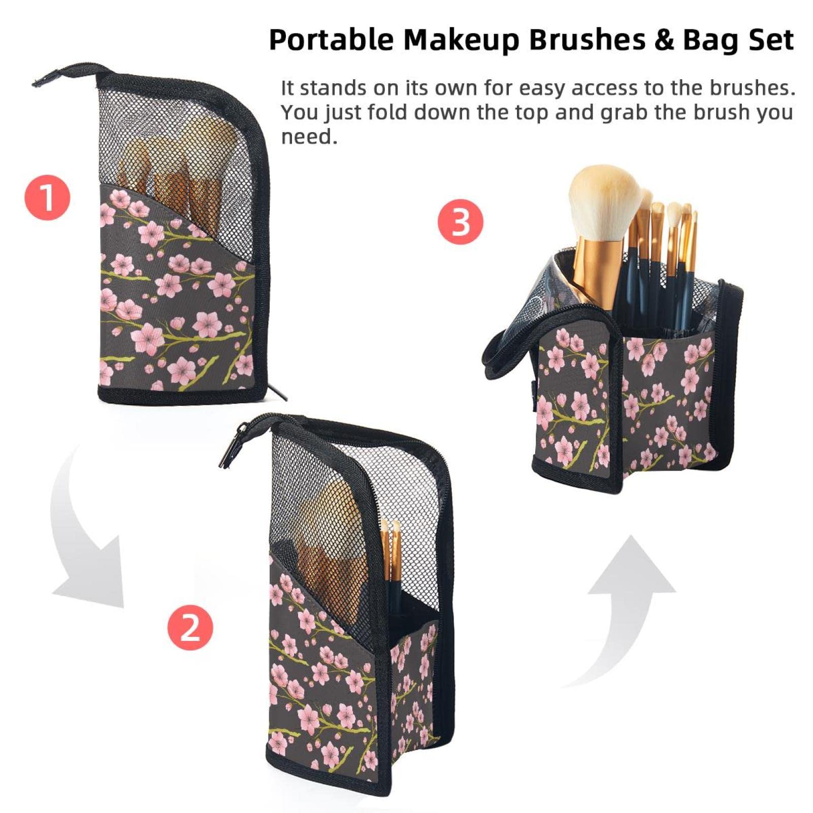 12-Piece Makeup Brush Organizer Bag Set - Seamless Pink Peach Blossom Design, Portable Cosmetic Brush Holder Case for Travel & Home Vanity Storage