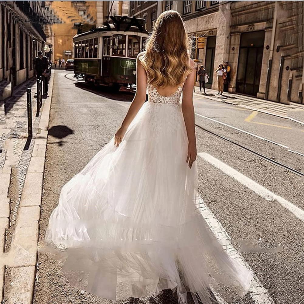 Elegant A-Line Backless Lace Beach Wedding Dress for Bride | Summer Bridal Gown for Women | Perfect for Beach, Garden & Destination Weddings