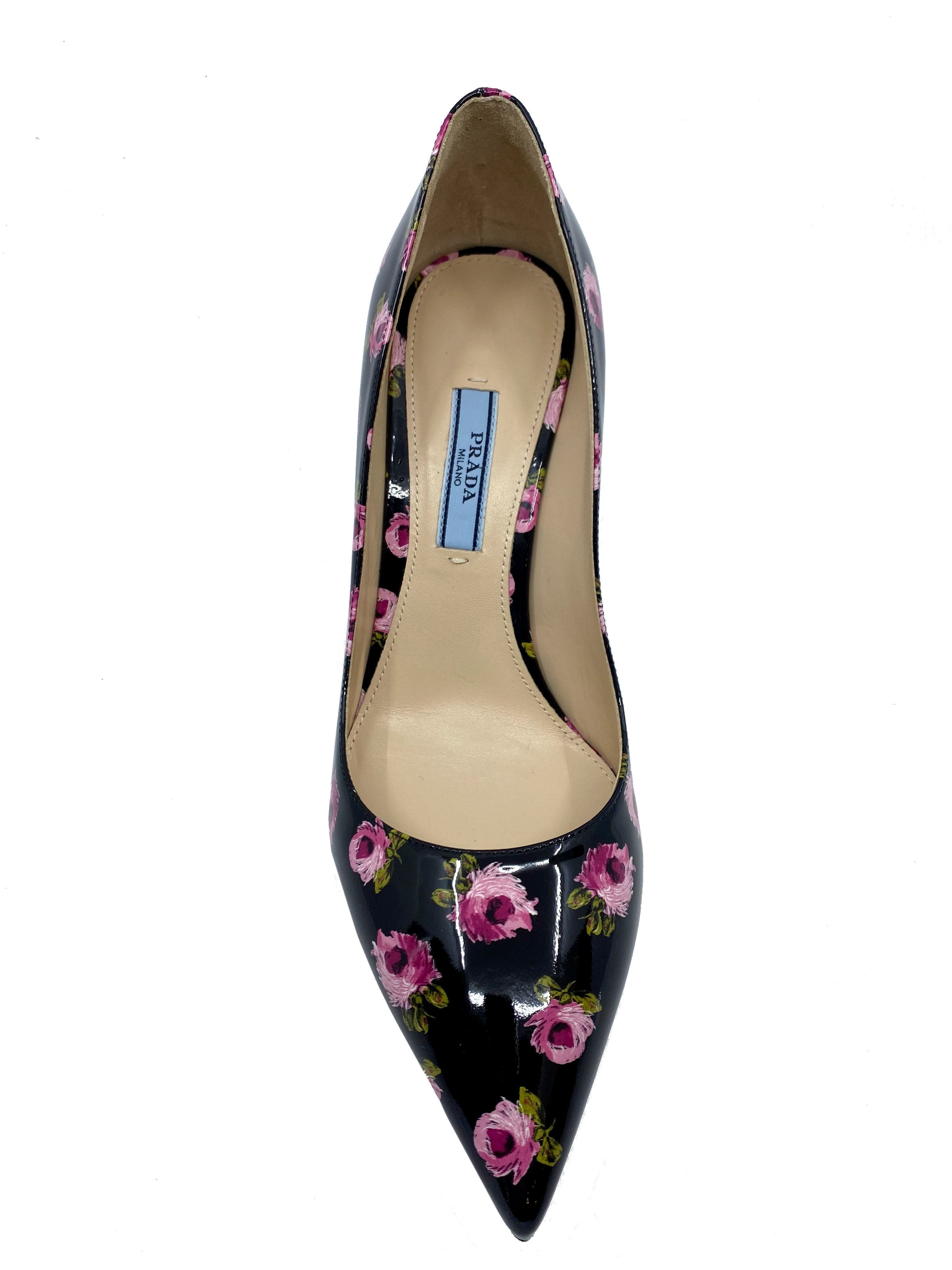 Prada Floral Print Patent Leather Pumps Women's Size 7 - New Designer High Heels for Wedding, Party & Special Occasions