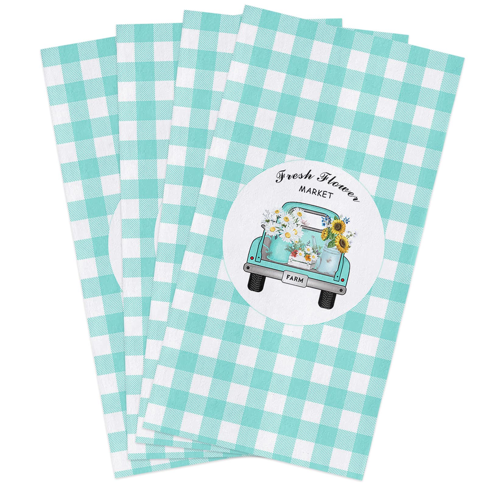 Farmhouse Blue Truck Sunflower Daisy Kitchen Towels - 18x28 Inches Soft Cotton Dish Cloths, Tea Towels & Hand Towels (4 Pack) - Perfect for Kitchen, Bathroom & Bar Use