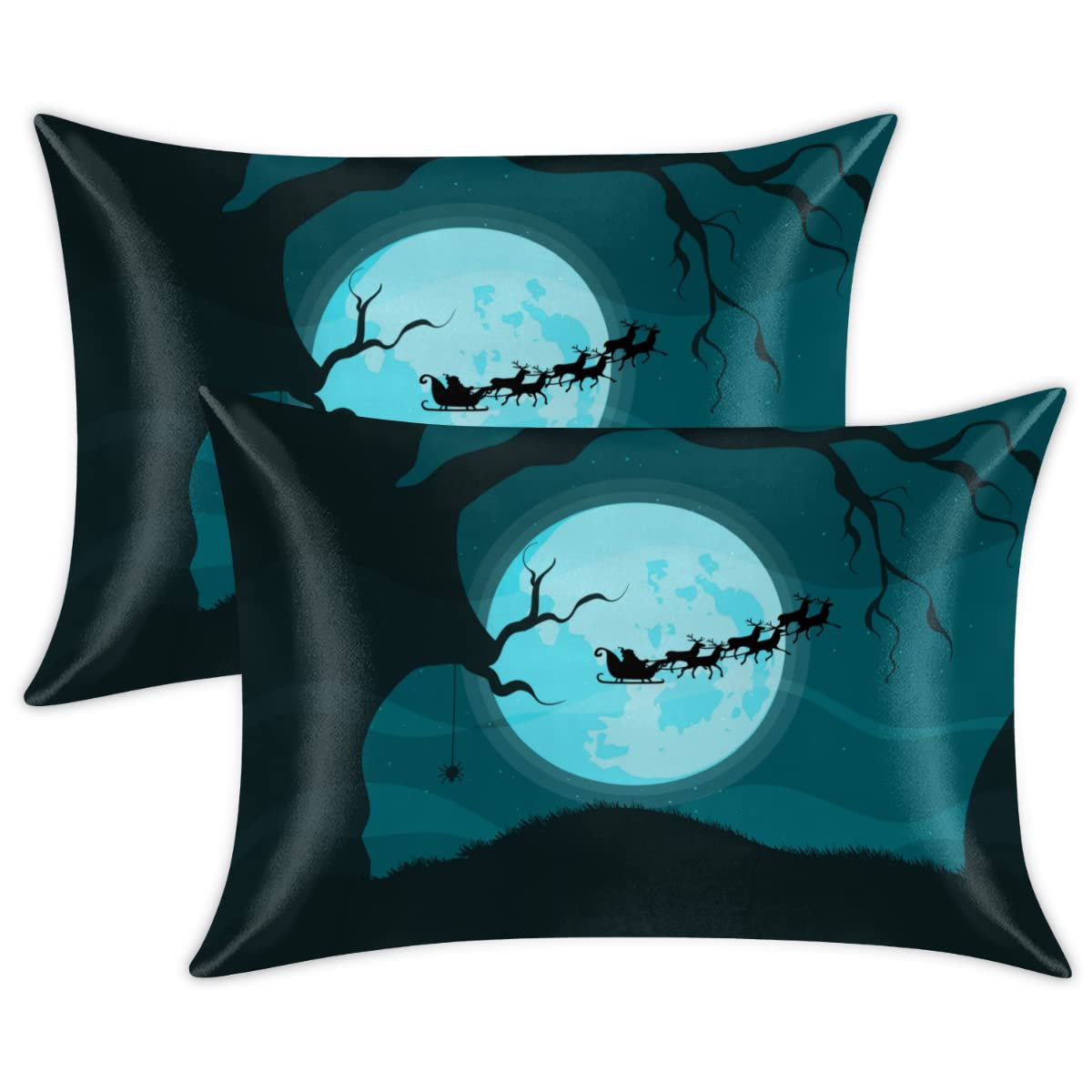 2 Pack Silk Pillowcase for Hair and Skin - 20x40 King Size Cooling Satin Pillow Covers with Envelope Closure, Soft Breathable Christmas Gift for Women (Santa Reindeer Pattern) - Perfect for Nighttime Hair Care & Skin Hydration