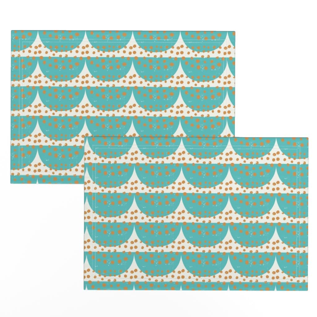 Premium Linen Cotton Canvas Placemats Set of 2 - Green Gold Polka Dot Scallop Print Table Mats for Dining, Kitchen Decor & Holiday Entertaining