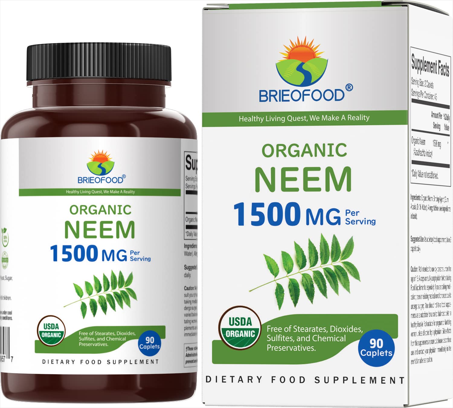 Brieofood Organic Neem 1500mg Supplement - 90 Vegetarian Tablets (45 Servings) | Gluten-Free, Vegan-Friendly | Supports Skin Health & Immune System - Perfect for Daily Wellness Routine & Ayurvedic Practices