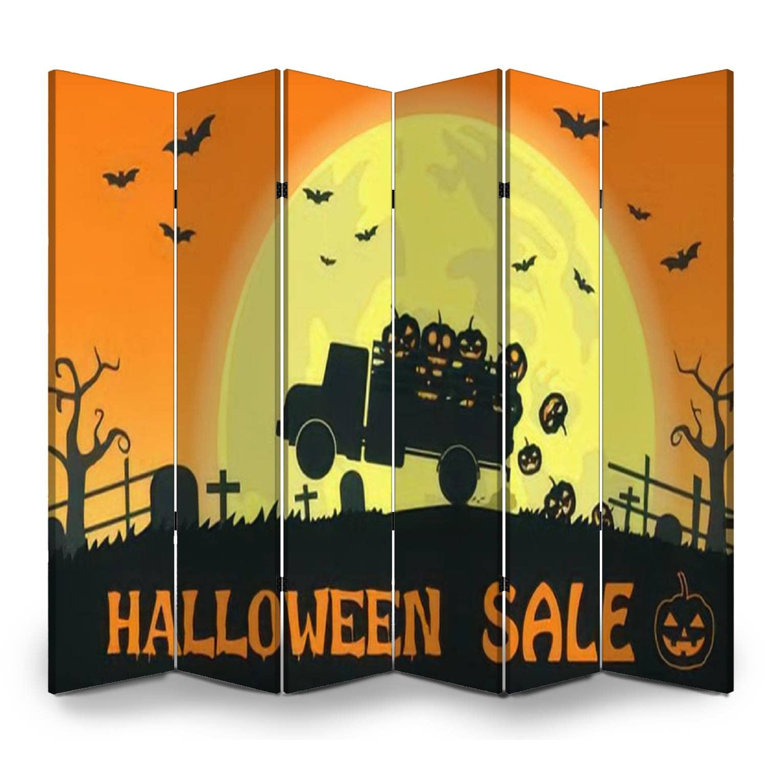 6 Panel Folding Privacy Screen - Halloween Themed Pumpkin & Full Moon Canvas Room Divider for Home Office, Bathroom & Events | Portable Office Partition with Carry Handle | Decorative Wall Divider for Parties, Workspaces & Seasonal Decor