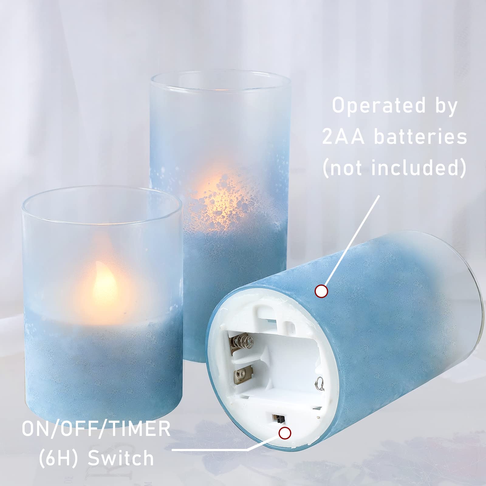 Blue Glass Flameless LED Candles with Sandblast Design - Battery Operated with Remote & Timer - Perfect for Coastal, Birthday, Home, Bathroom, Nautical & Beach Decor - Romantic Ambiance for Weddings, Dinners & Relaxing Baths