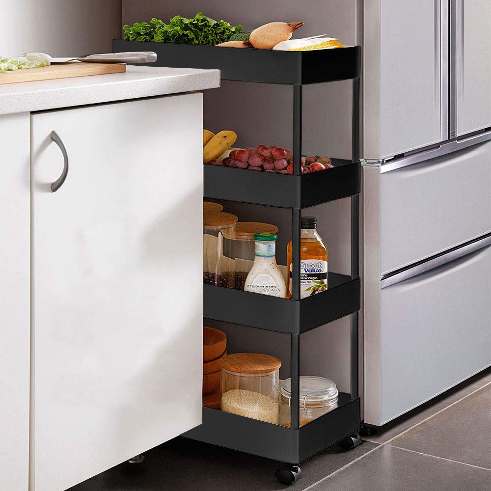 BEEY 4-Tier Slim Rolling Storage Cart with Wheels - Portable Utility Organizer for Kitchen, Bathroom, Bedroom, Craft Room - Black | Perfect for Small Space Organization & Mobile Storage Solutions