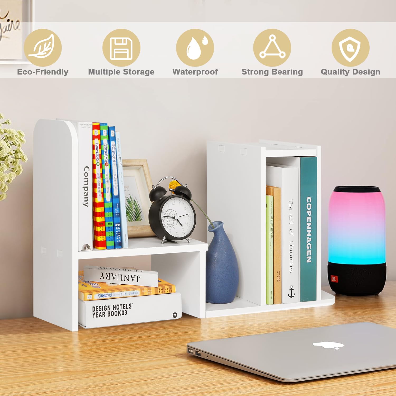Adjustable Desktop Organizer Shelf - Office Desk Storage Rack with Expandable Design | Countertop Bookshelf & Small Table Shelves for Home & Office Organization | Perfect for Desk Accessories, Books, Files & Stationery (White)