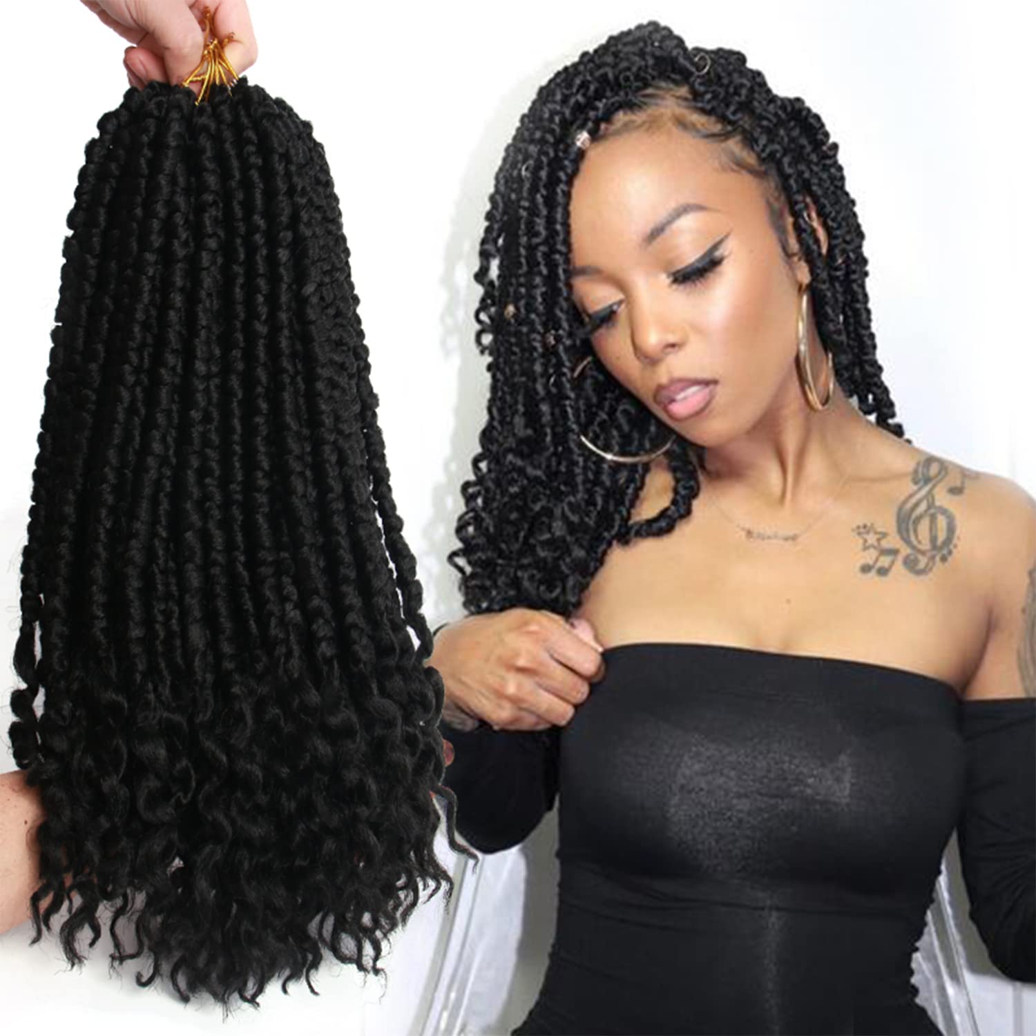 7pcs Crochet Hair Spring Twist Braids with Curl Ends - 14inch Marley Twist Braiding Hair for Black Women (1B Black) - Perfect for Protective Styles, Natural Looks & Everyday Wear