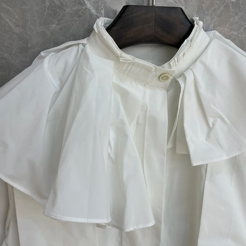 Apricot Minimalist Short Sleeve Blouse for Women - Stand Collar Long Sleeve Patchwork Pleated Loose Korean Style Top | Perfect for Office Wear, Casual Outfits & Spring Fashion