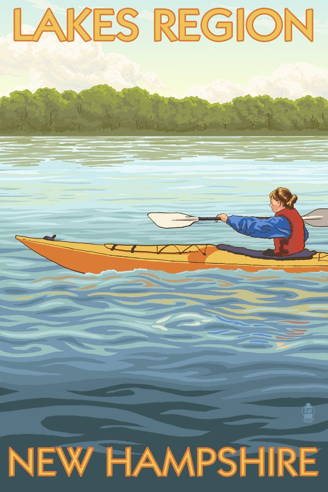 Lakes Region New Hampshire Kayak Scene 41167 - 24x36 Signed Art Print Wall Decor Poster - Perfect for Living Room, Bedroom & Office Decoration