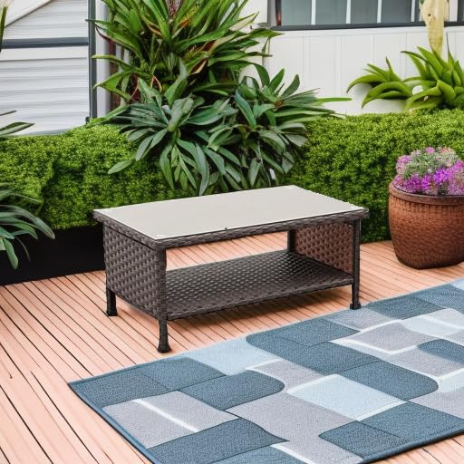 Outdoor Wicker Coffee Table - 2-Tier Rattan Patio Furniture with Glass Top & Storage Space, Includes Weatherproof Cover - Perfect for Garden, Balcony, Poolside & Backyard Relaxation (Brown)