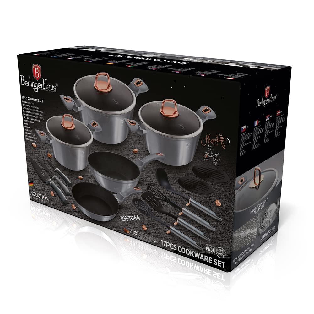 Berlinger Haus 17-Piece Nonstick Cookware Set with Utensils & Knives - Induction Compatible Pots & Pans with Ergonomic Handles, Dishwasher Safe (Silver) - Perfect for Home Cooking, Meal Prep & Professional Chefs