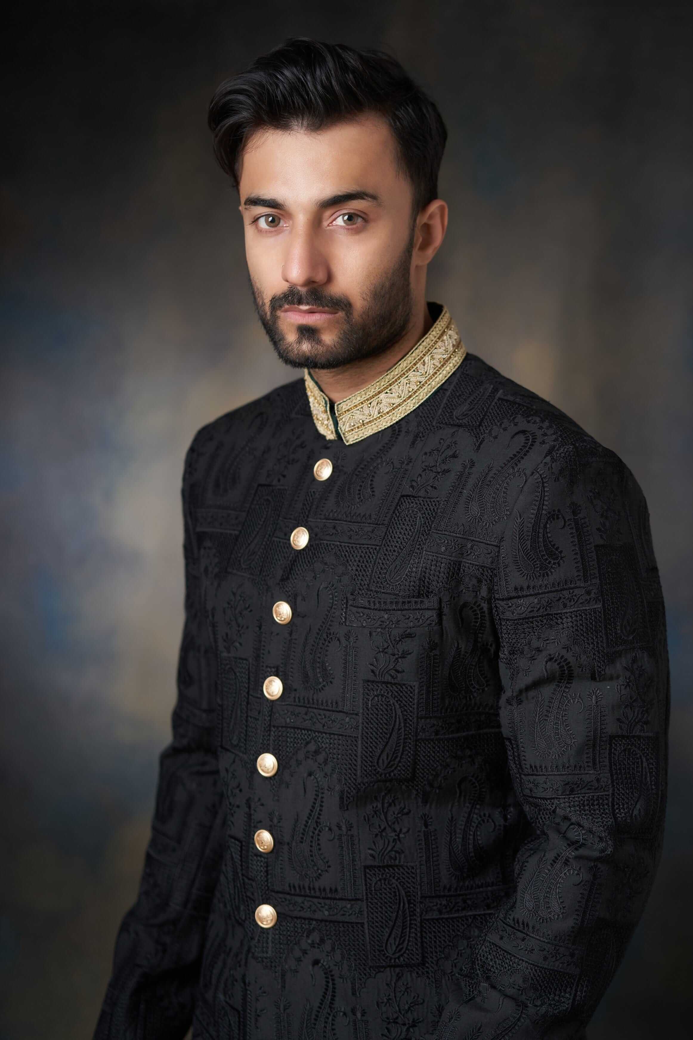 Elegant Black Thread Embroidered Silk Sherwani with Zardozi Adornments | Premium Indian Wedding Attire for Grooms | Perfect for Weddings, Festivals & Special Occasions