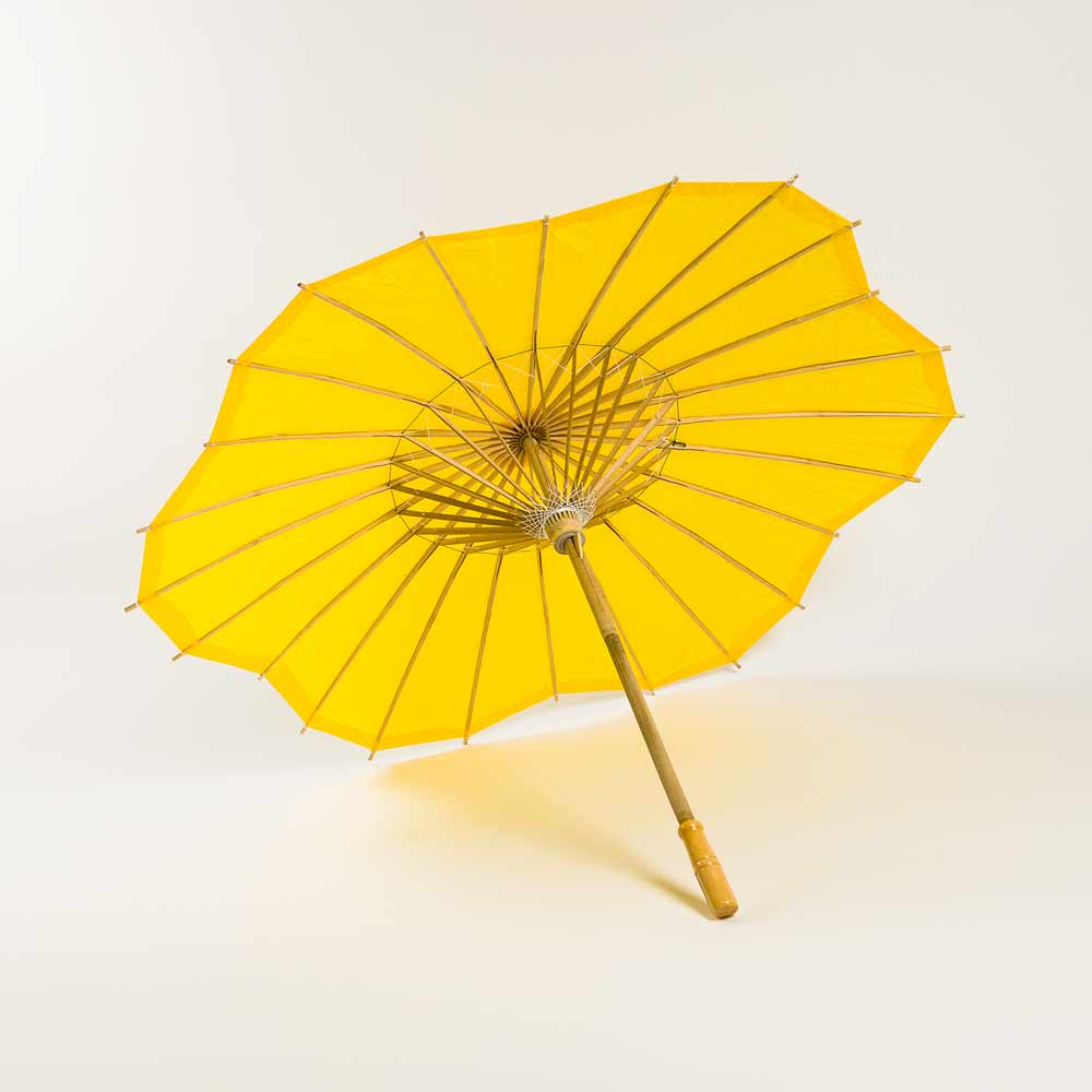 32 Yellow Paper Parasol Umbrella - Scallop Blossom Design with Elegant Wooden Handle for Wedding, Photo Shoot & Garden Party Decor