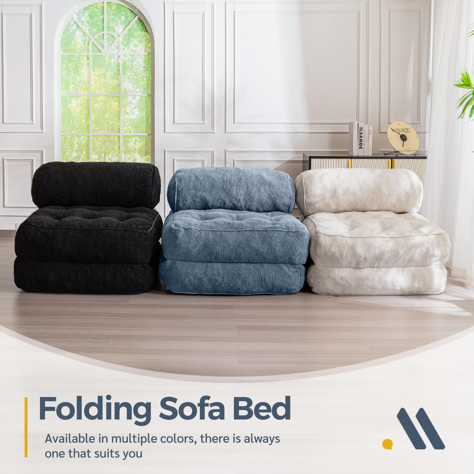 MAXYOYO Folding Sofa Bed - Convertible Boucle Sleeper Chair with Bolster Pillow | Multi-Functional Floor Sofa Lounge for Living Room, Bedroom & Small Spaces | Dusty Blue | Perfect for Guest Sleeping, Relaxing & Space Saving