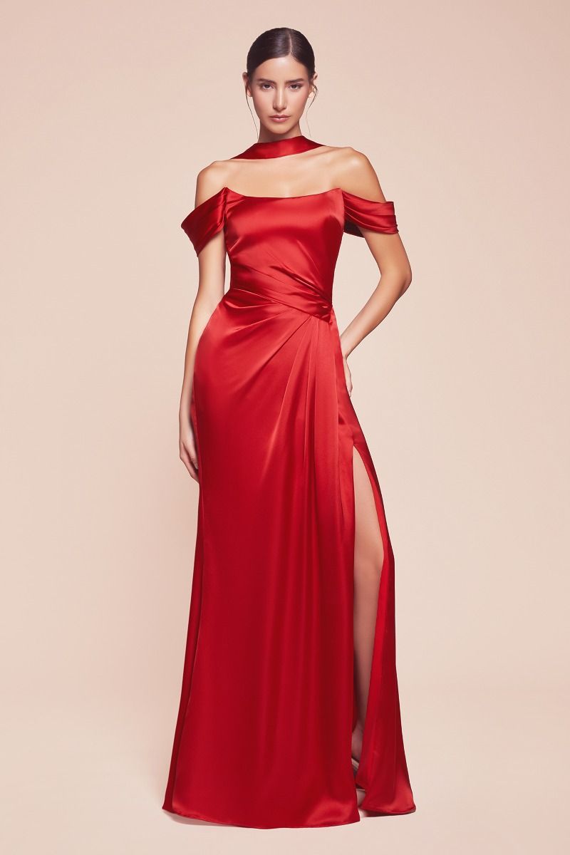 Emerson Off Shoulder Lace Up Corset Luxe Satin Gown - Elegant Red Formal Dress for Prom, Evening Gala & Special Occasions