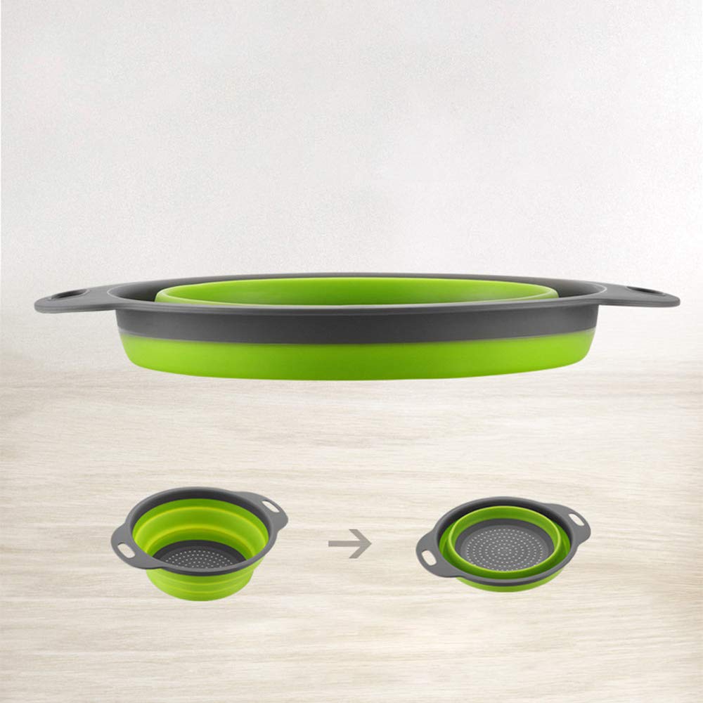 2-Pack Foldable Silicone Colander - Collapsible Strainer Basket for Washing Fruits & Vegetables - Green Kitchen Drainer with Handle - Perfect for Camping, Small Kitchens & RV Cooking
