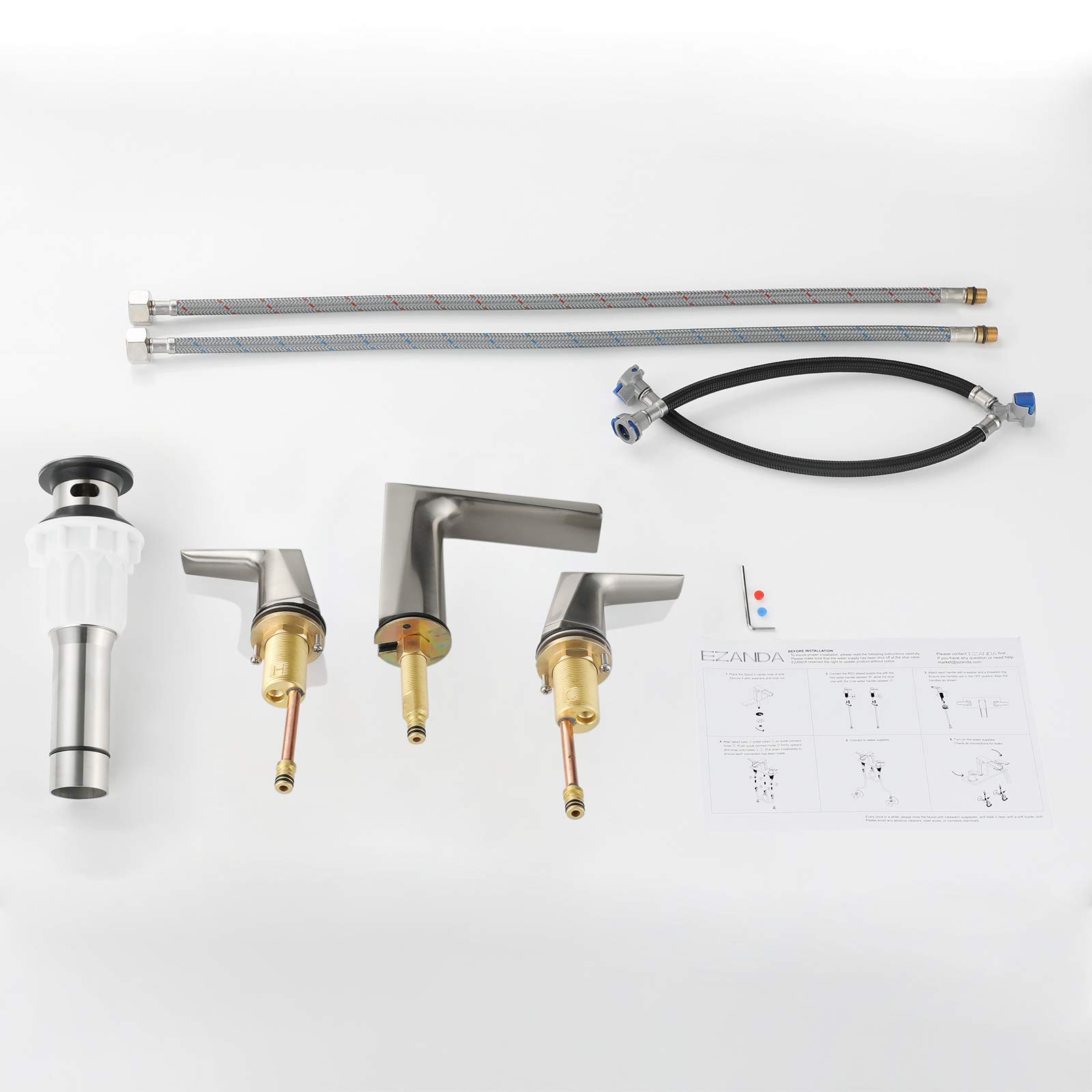 Brass Waterfall Bathroom Sink Faucet - Widespread 2-Handle Vanity Faucet with Pop-Up Drain & Supply Lines in Brushed Nickel (Model 1431202) - Perfect for Modern Bathroom Renovations & Luxury Home Decor
