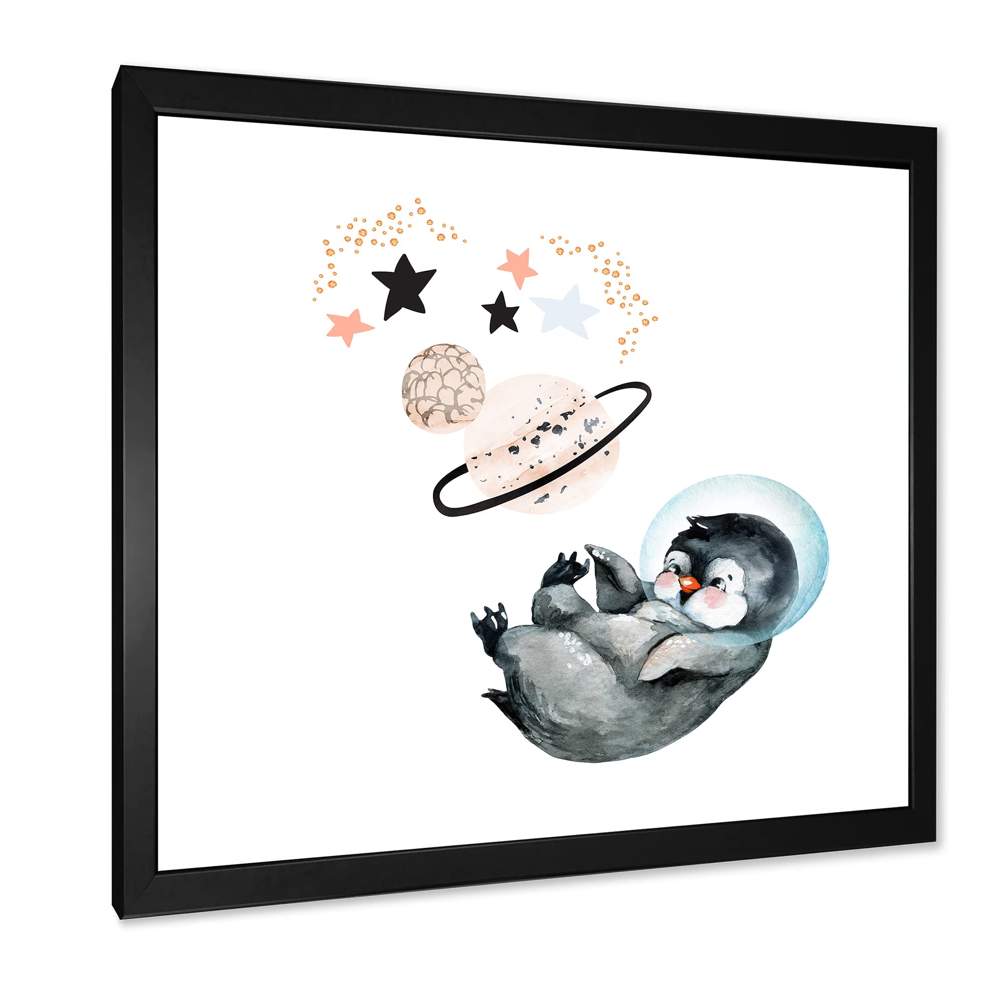 DesignQ Little Penguin with Stars and Planets - Farmhouse Framed Wall Art Decor for Nursery, Kids Room & Living Room