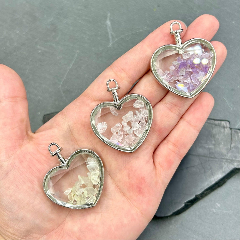 Natural Gemstone Chip Heart Shaped Glass Pendant Necklace - Silver Plated Jewelry for Women | Perfect for Valentine's Day Gifts, Anniversary & Romantic Occasions