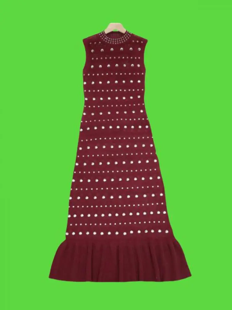 Black Diamond Sleeveless Ruffle Edge Knitted Dress for Women - Summer Red Elegant Round Neck Office Slim Wrap Hip Long Dress - Perfect for Work, Cocktail Parties & Date Nights