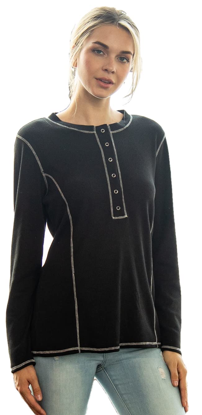 ATELLA Women's Long Sleeve Henley T-Shirt | Soft Waffle Knit Pullover Sweater with Snap Buttons | Made in USA | Perfect for Casual Wear, Layering & Fall Fashion
