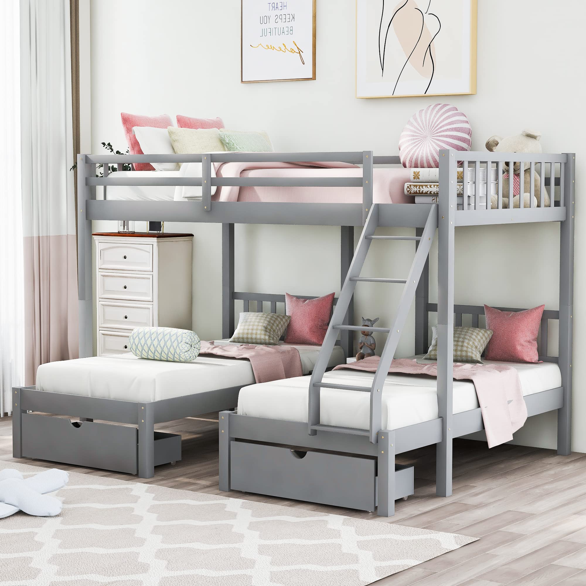 Merax Wooden Triple Bunk Bed with Storage Drawers for Kids Bedroom - Grey