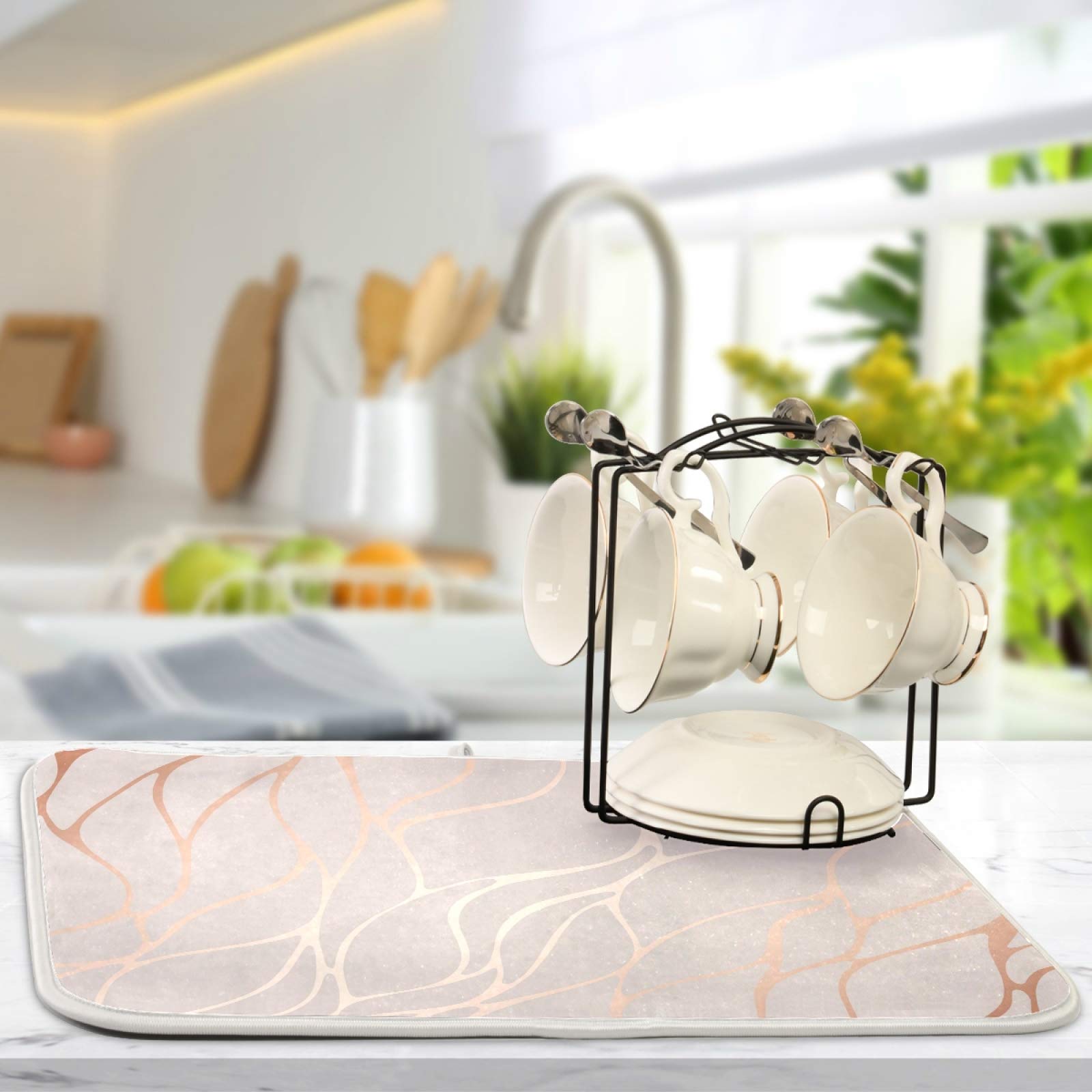 Rose Gold Marble Dish Drying Mat - Super Absorbent Microfiber, Heat-Resistant Kitchen Counter Mat (18x24 Inch) for Dishes & Utensils