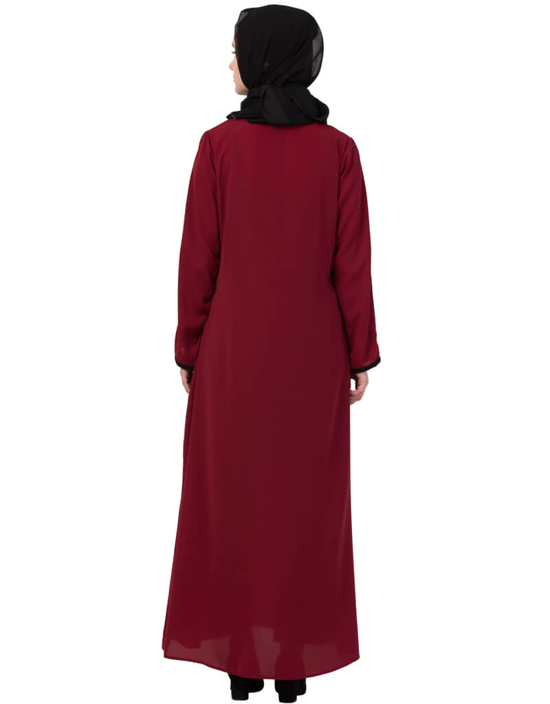 Elegant Maroon Casual Abaya with Arabic Contrast Piping Sleeves - Perfect for Daily Wear, Prayer, and Special Occasions