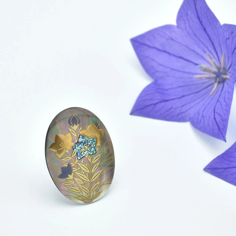 Handmade Maki-e Urushi Lacquer Brooch - Black Lip Pearl & Bellflower Design | Traditional Japanese Lacquer Jewelry for Women | Perfect for Kimono, Formal Wear & Special Occasions
