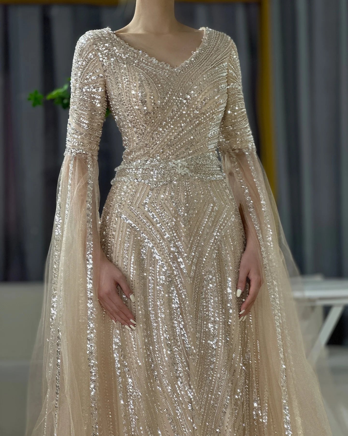 Luxury Dubai Caramel A-Line Beaded Saudi Arabic Evening Gown with Cape Sleeves - Elegant Wedding Party Dress for Brides, Formal Events & Special Occasions | LA72798