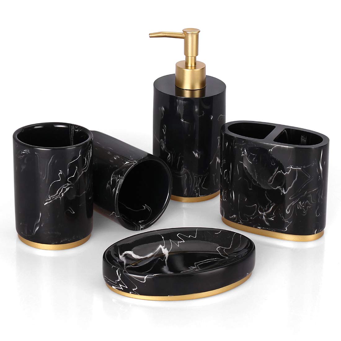 5-Piece Marble Look Bathroom Accessories Set - Ink Black Gold Resin Countertop Decor for Restroom, Apartment & Home - Perfect Gift for Women & Men - Ideal for Modern Bathrooms, Guest Suites & Luxury Home Decor